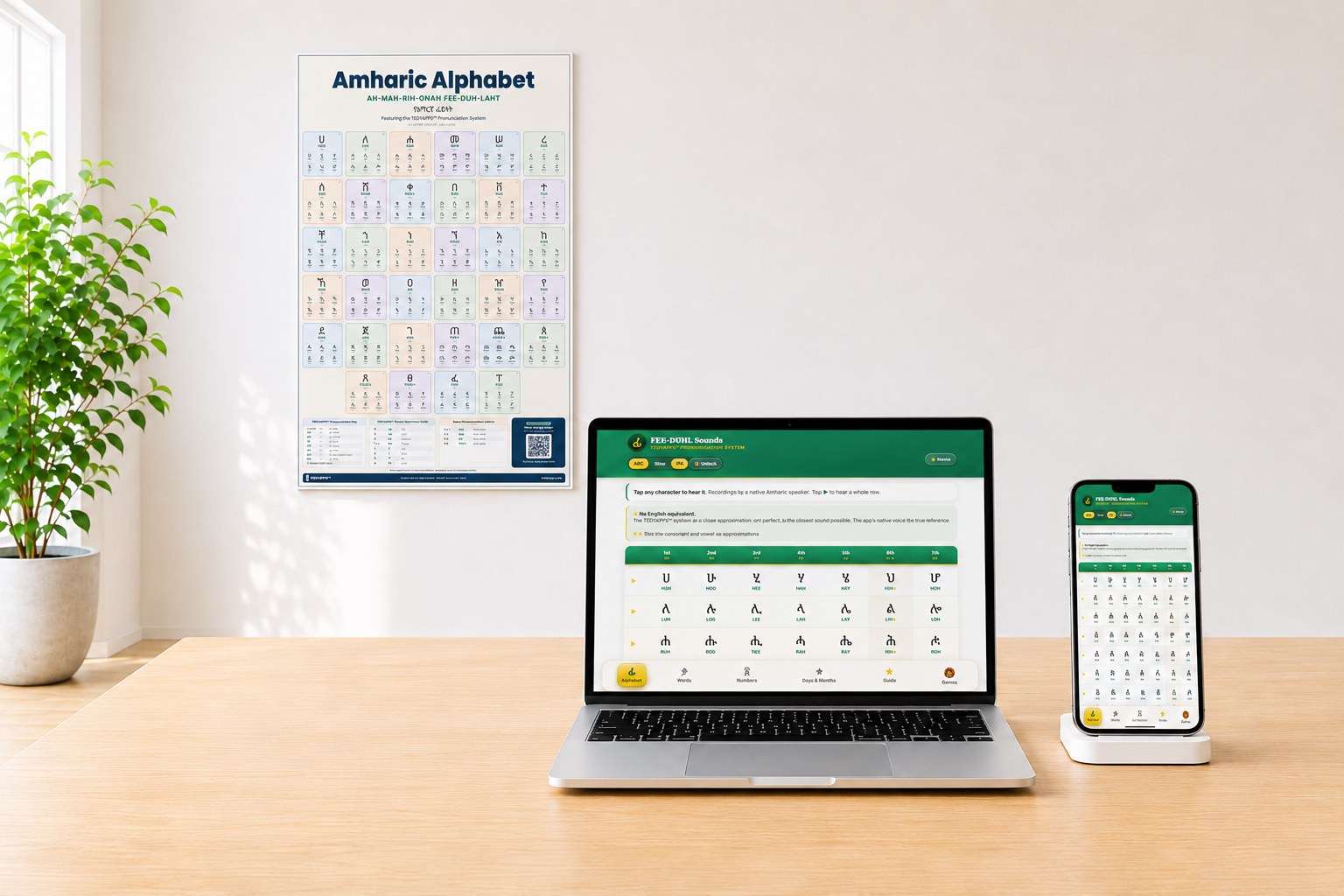 The FEE-DUHL poster on a wall, with the FEE-DUHL Sounds app open on a laptop and phone